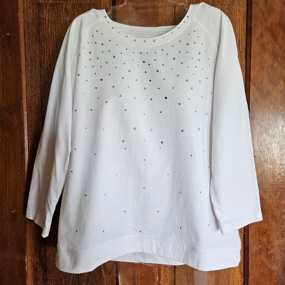 Coral Bay Women's Petite Large White 3/4 Sleeve Top with Studded Glittery Design